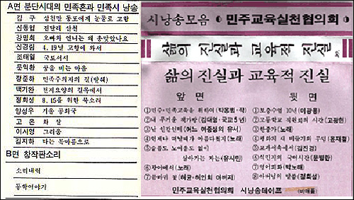 오른쪽은 삶의 진실과 교육적 진실(1989, 민족교육실천협의회) 테잎의 커버이고 왼쪽은 민중문화운동연합 1집, '분단시대의 민족혼과 민족시 낭송'테잎 커버 